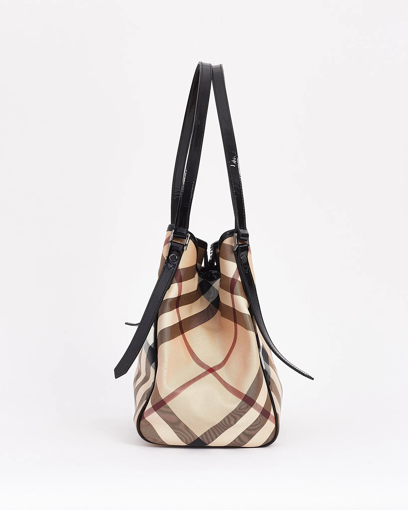 Burberry Beige Canvas & Patent Leather Check Print Shoulder Bag