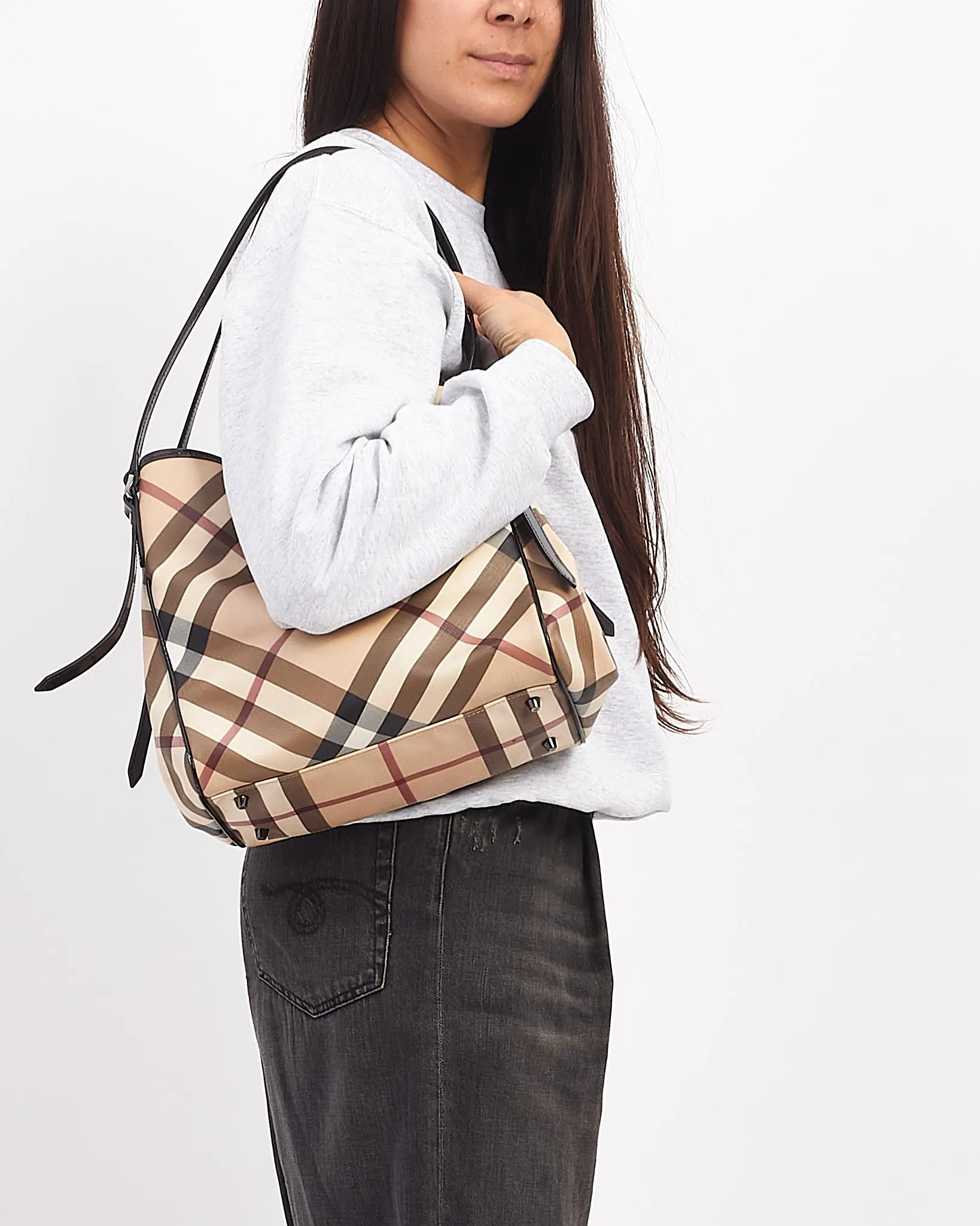 Burberry Beige Canvas & Patent Leather Check Print Shoulder Bag