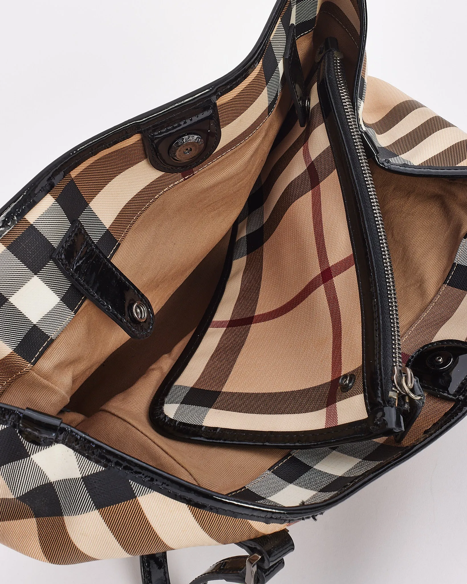 Burberry Beige Canvas & Patent Leather Check Print Shoulder Bag