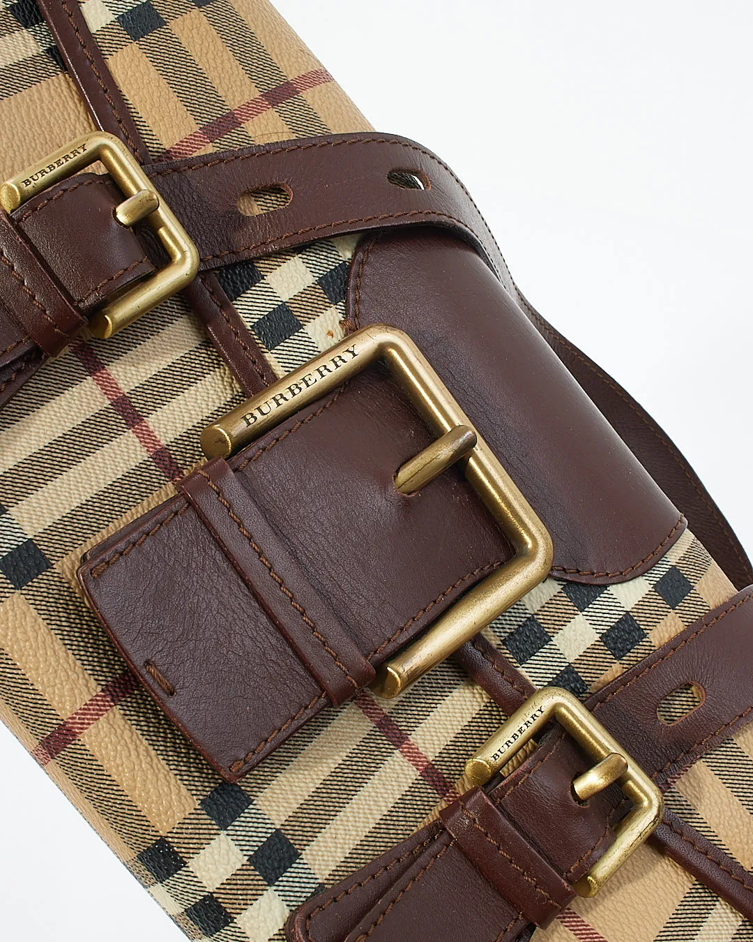 Burberry Brown Beige Haymarket Check Buckle Shoulder Bag