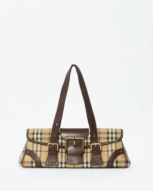 Burberry Brown Beige Haymarket Check Buckle Shoulder Bag