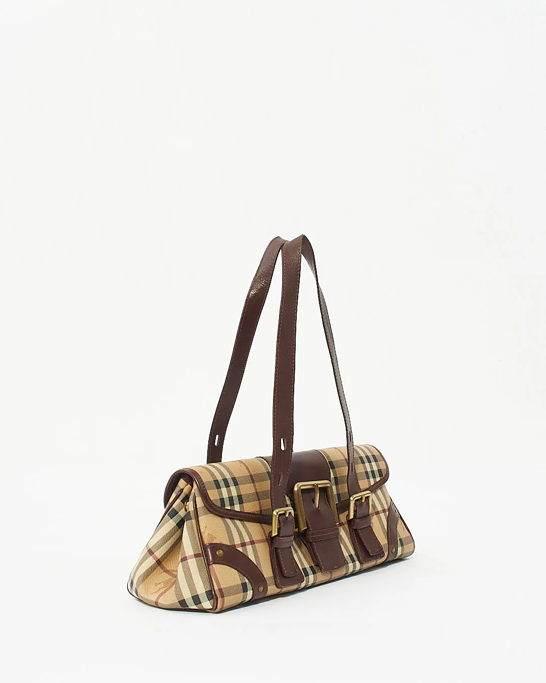 Burberry Brown Beige Haymarket Check Buckle Shoulder Bag