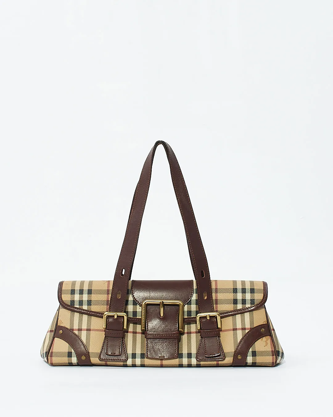 Burberry Brown Beige Haymarket Check Buckle Shoulder Bag