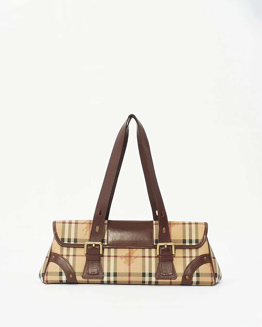 Burberry Brown Beige Haymarket Check Buckle Shoulder Bag