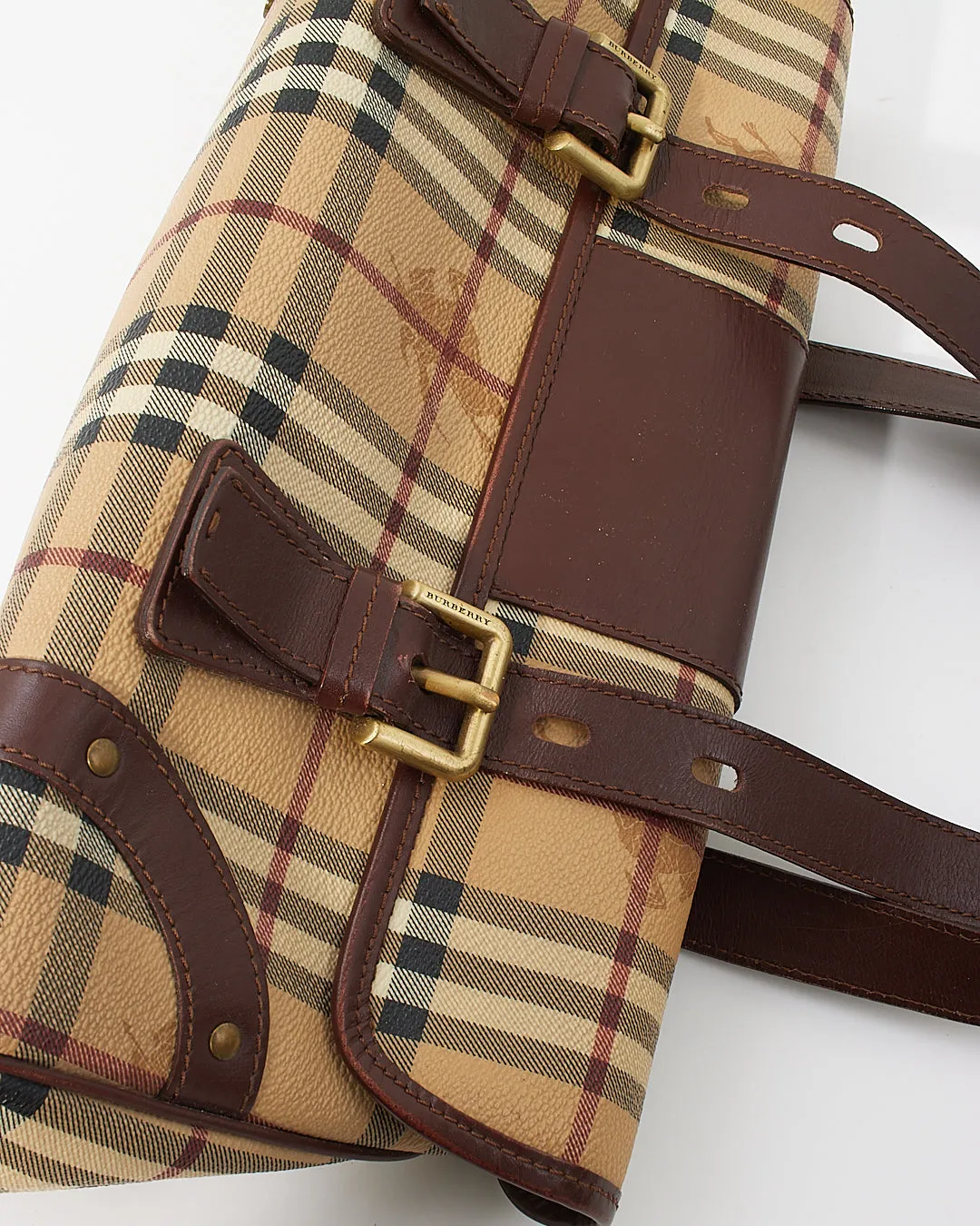 Burberry Brown Beige Haymarket Check Buckle Shoulder Bag