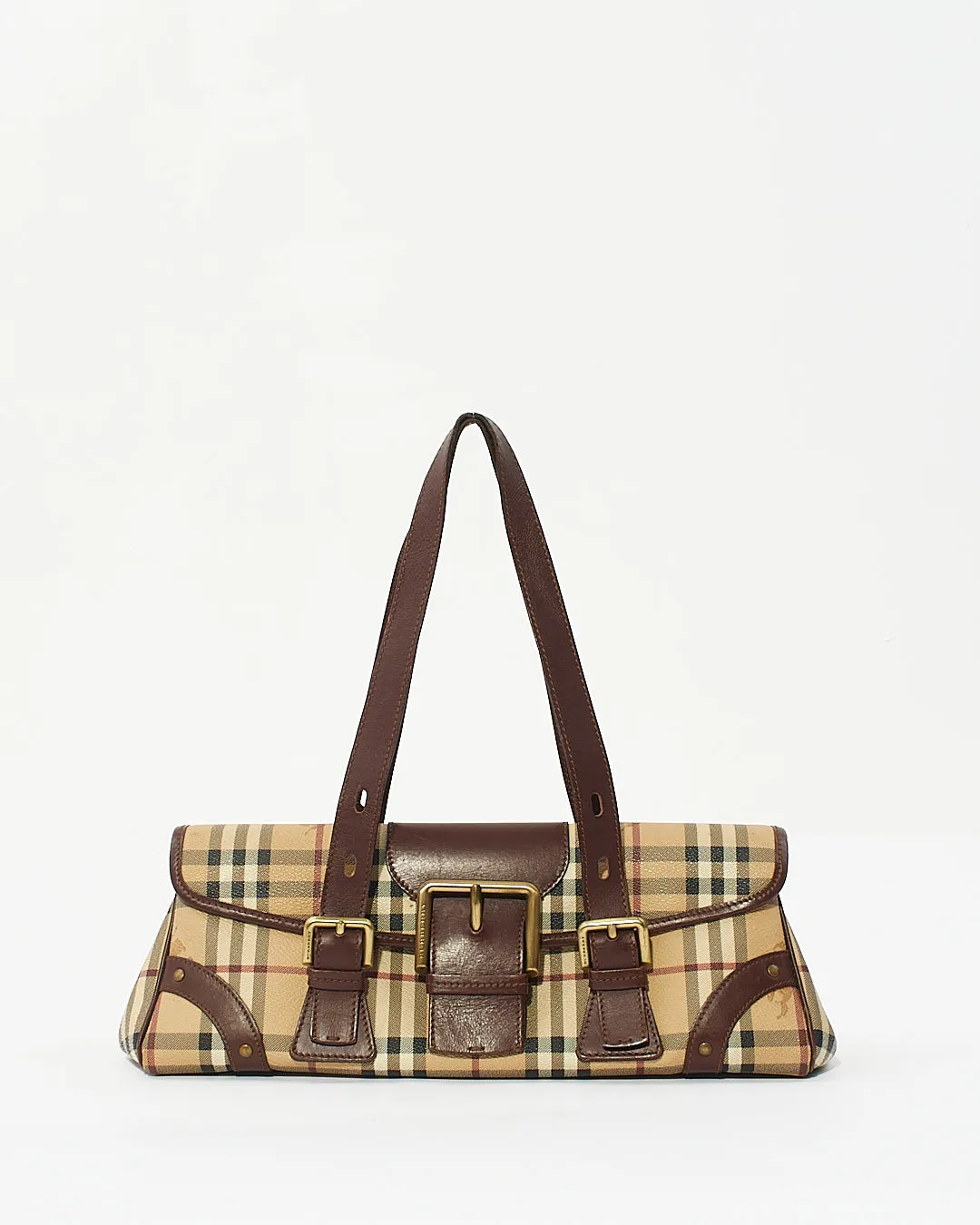 Burberry Brown Beige Haymarket Check Buckle Shoulder Bag