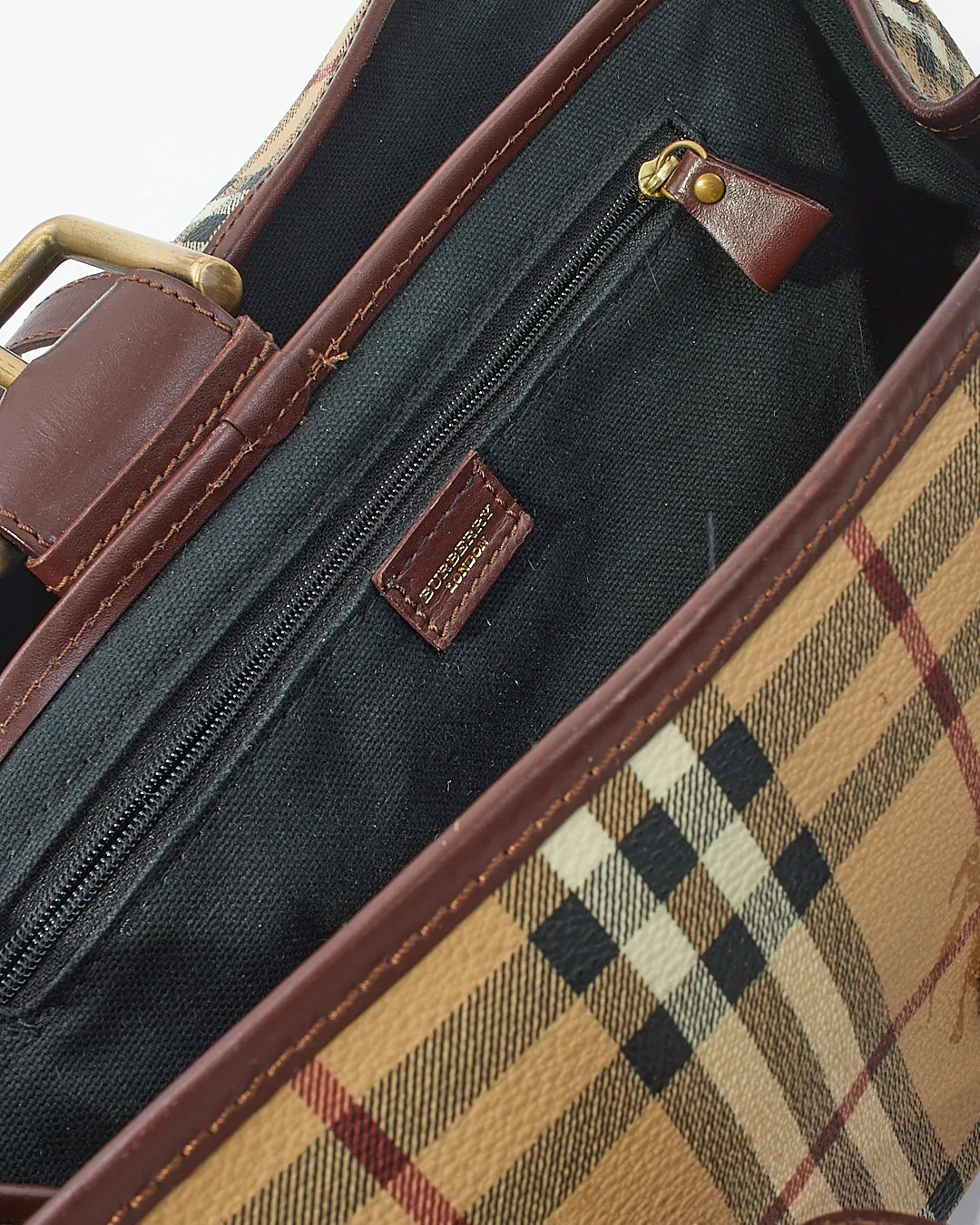 Burberry Brown Beige Haymarket Check Buckle Shoulder Bag