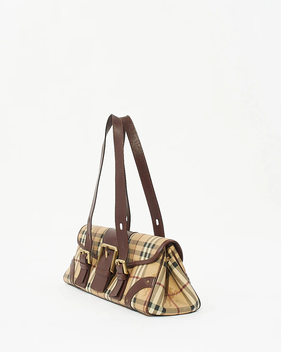 Burberry Brown Beige Haymarket Check Buckle Shoulder Bag