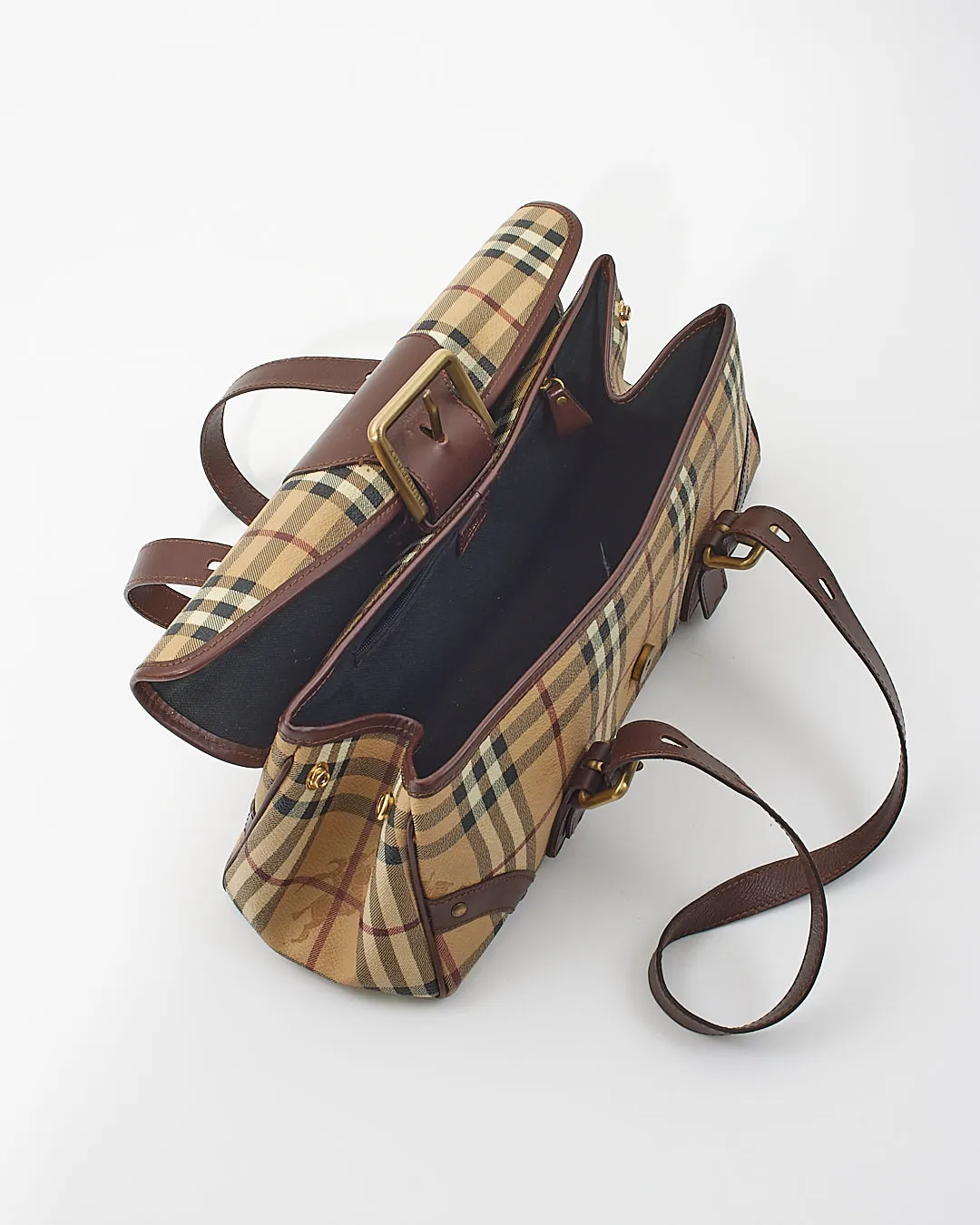 Burberry Brown Beige Haymarket Check Buckle Shoulder Bag