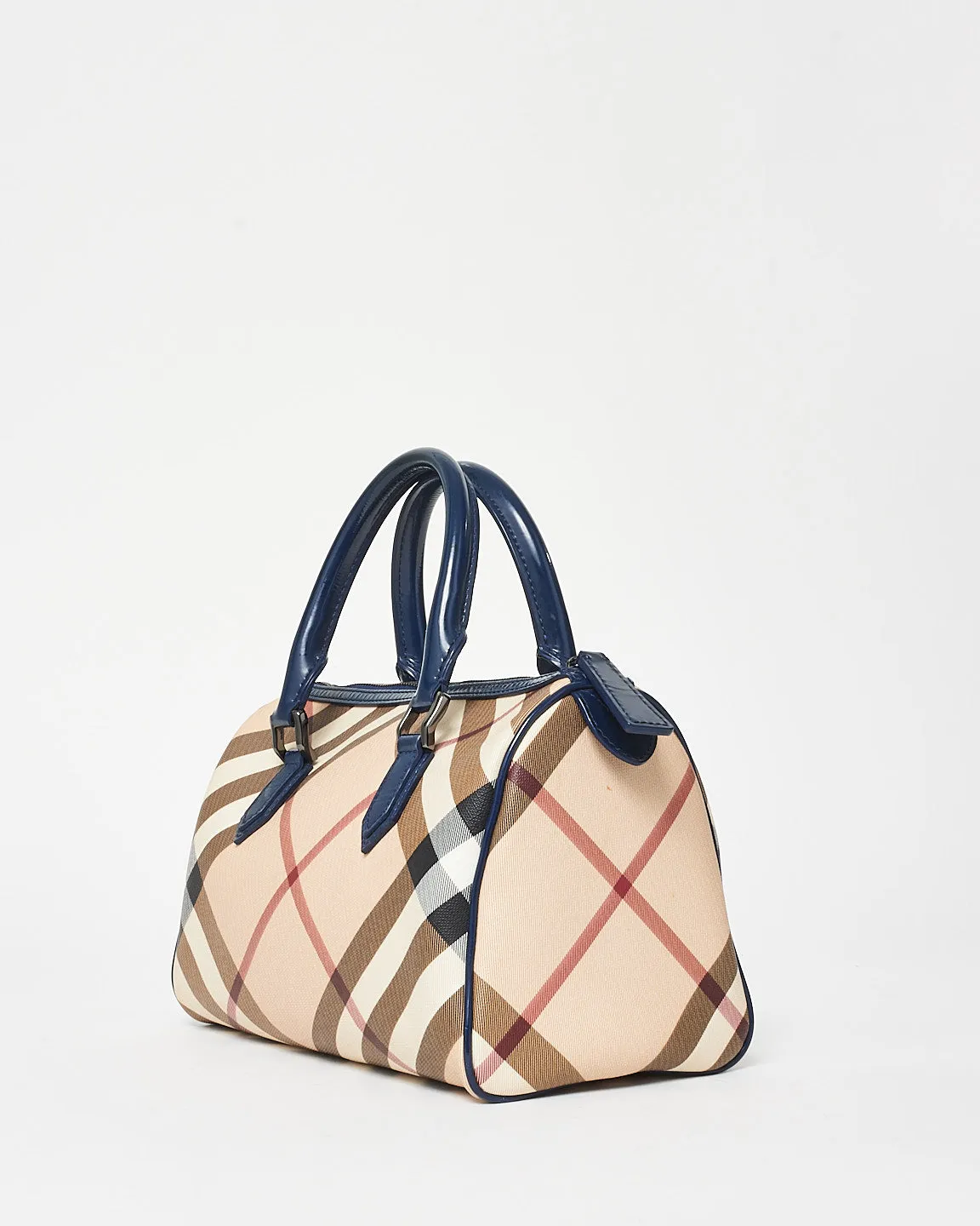 Burberry Coated Canvas Plaid & Navy Boston Bag