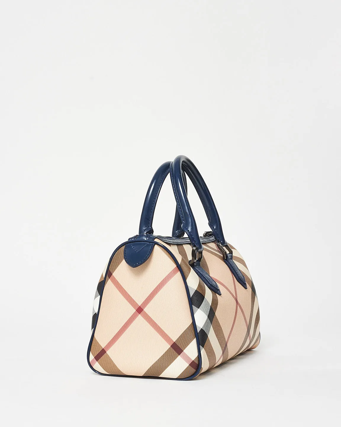 Burberry Coated Canvas Plaid & Navy Boston Bag