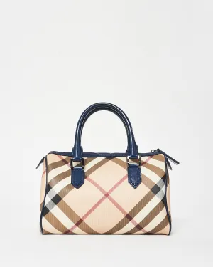Burberry Coated Canvas Plaid & Navy Boston Bag