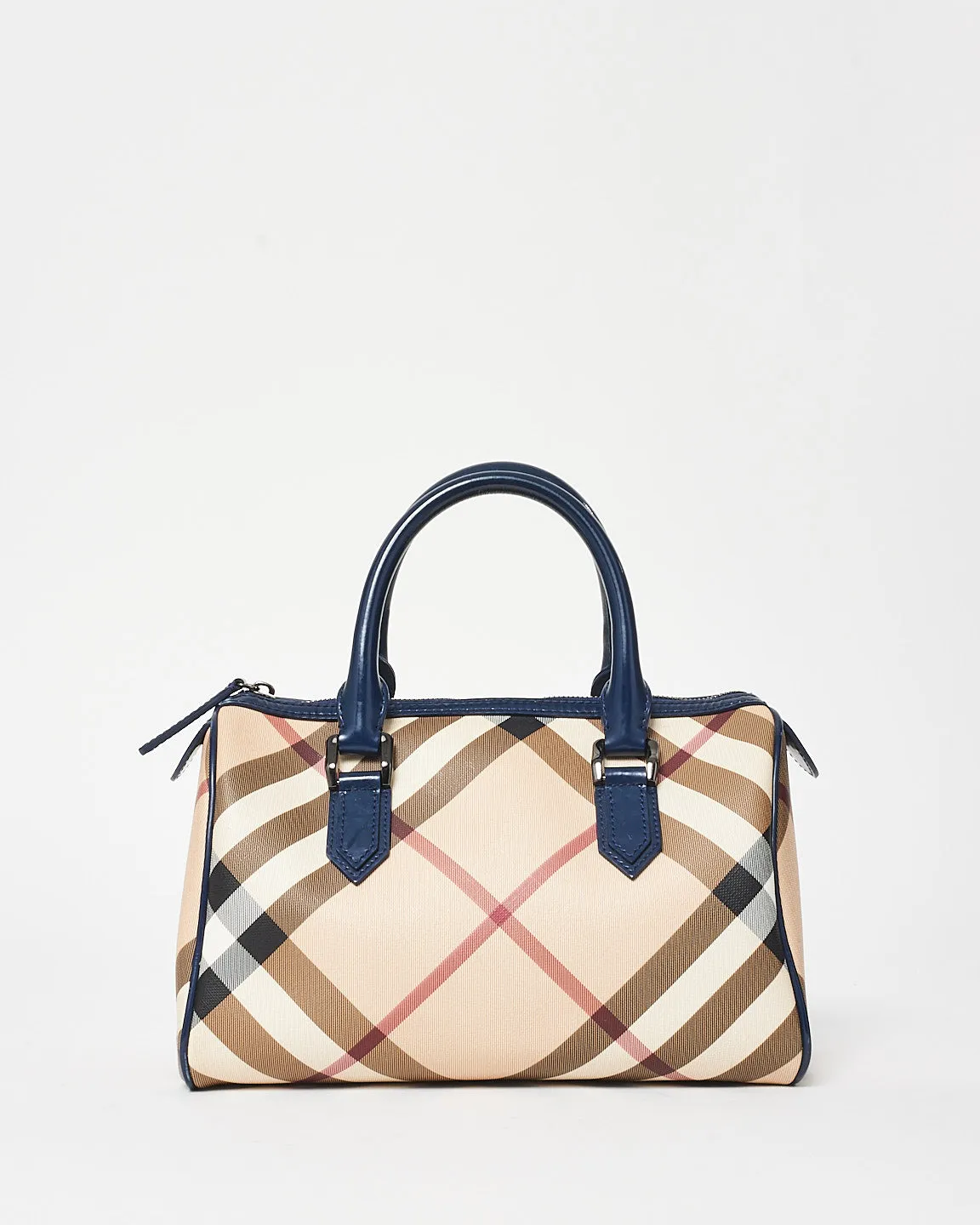 Burberry Coated Canvas Plaid & Navy Boston Bag