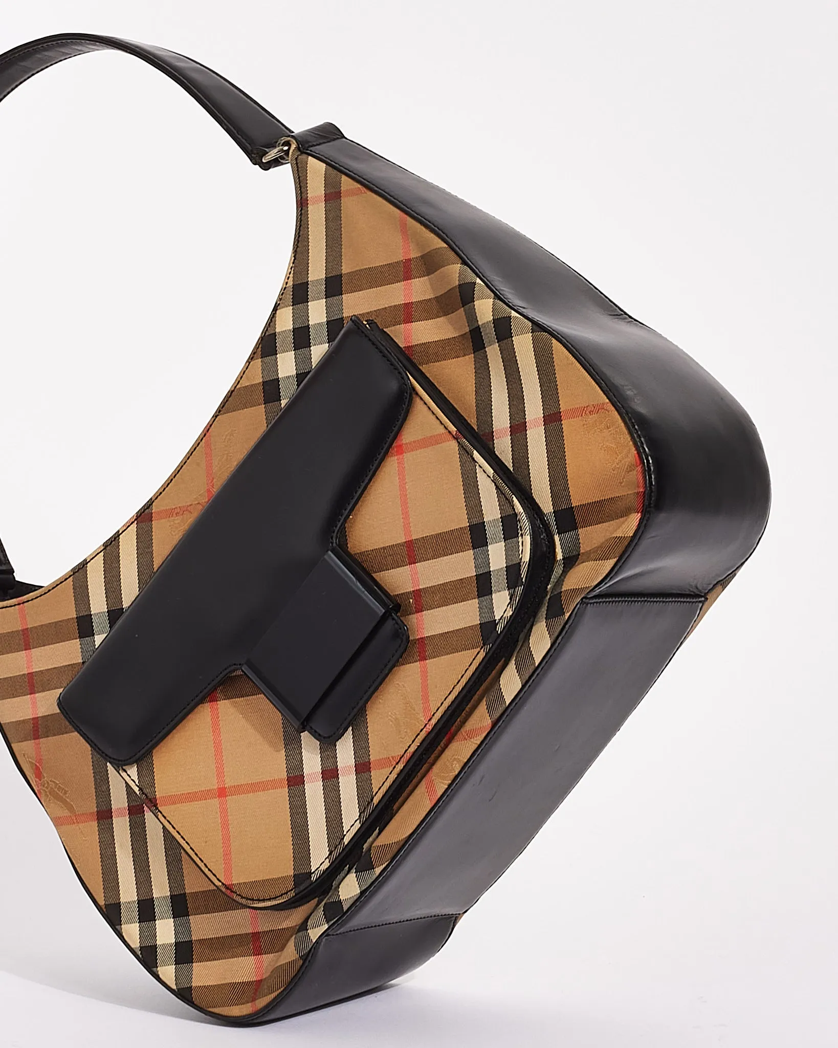 Burberry Vintage Black Leather & Beige Vintage Check Canvas Shoulder Bag