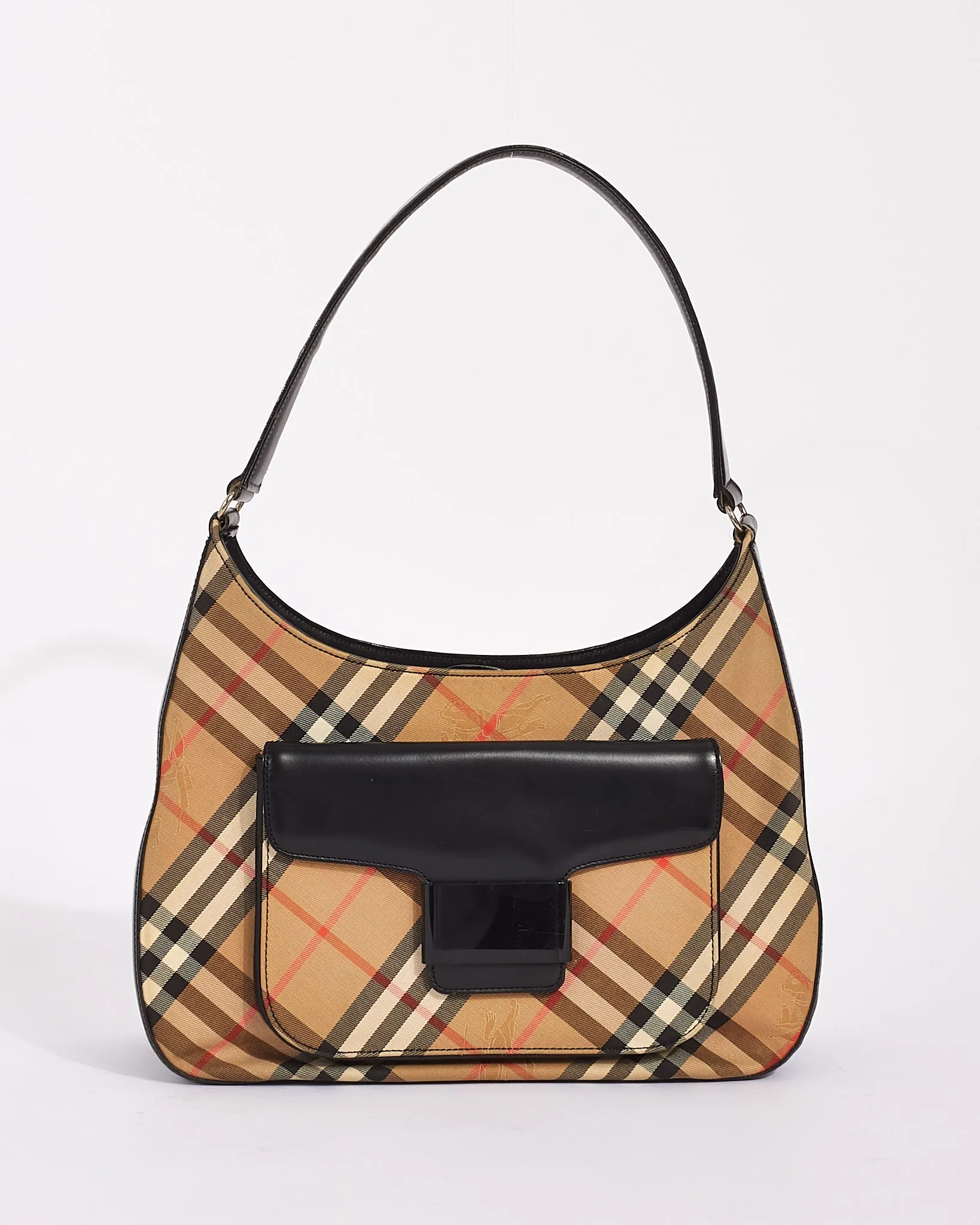 Burberry Vintage Black Leather & Beige Vintage Check Canvas Shoulder Bag
