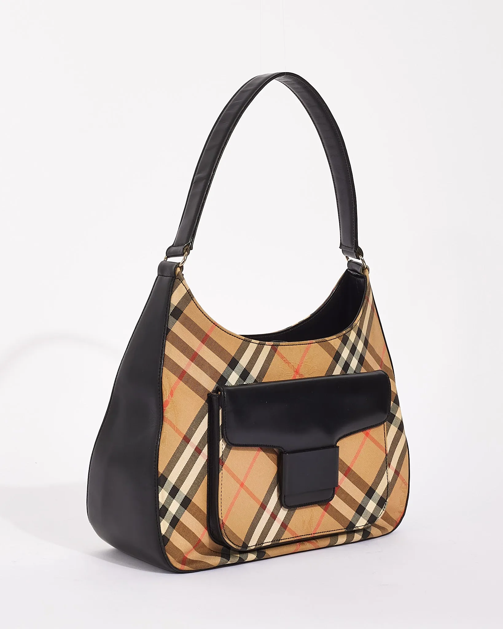 Burberry Vintage Black Leather & Beige Vintage Check Canvas Shoulder Bag