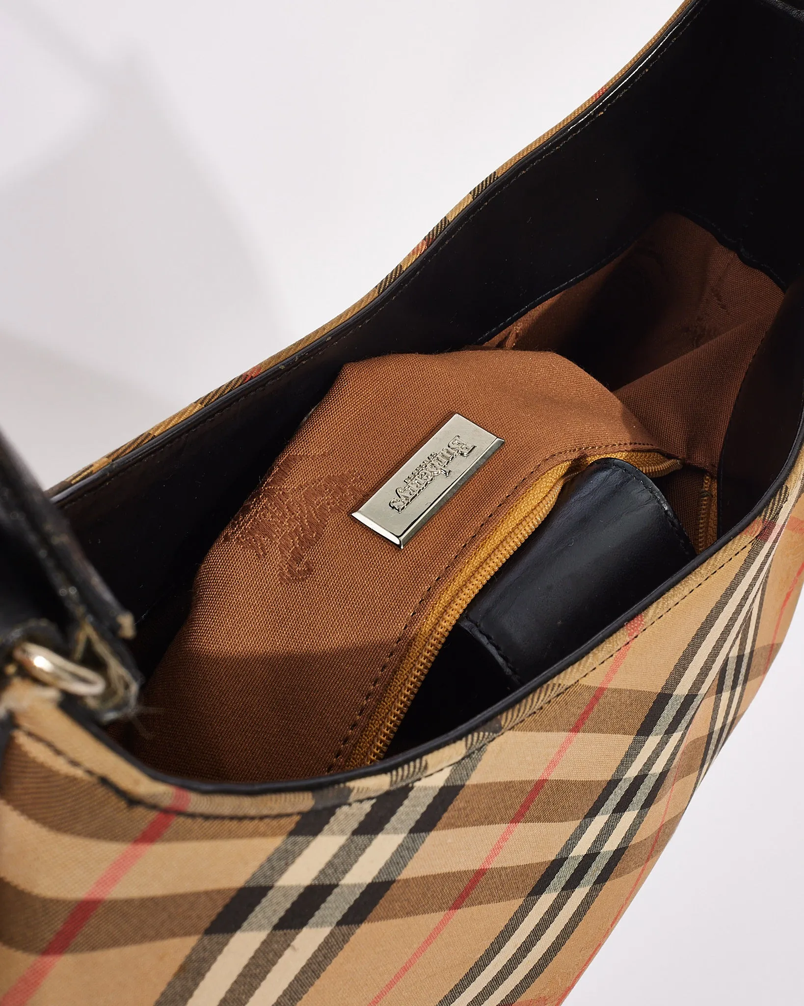 Burberry Vintage Black Leather & Beige Vintage Check Canvas Shoulder Bag