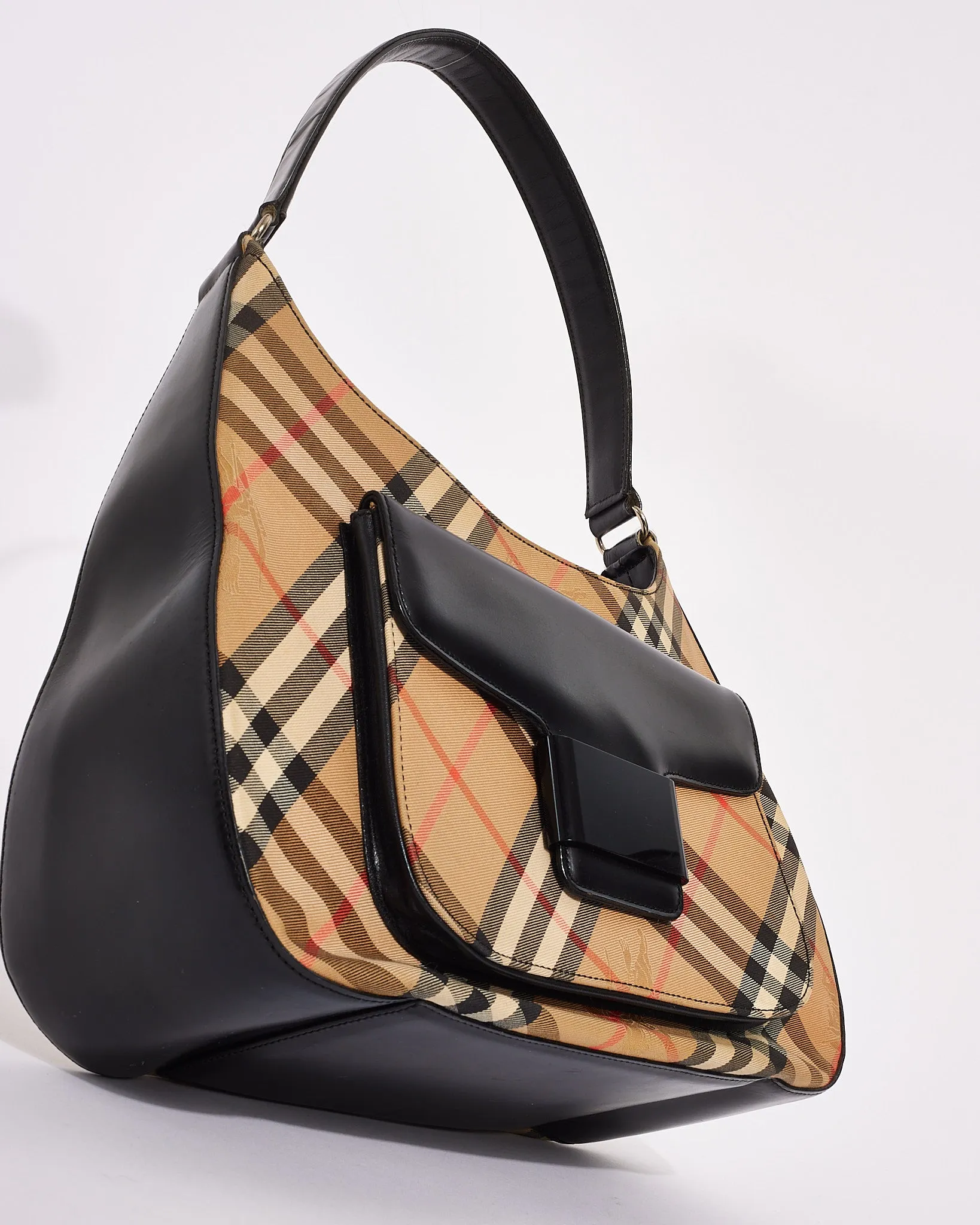 Burberry Vintage Black Leather & Beige Vintage Check Canvas Shoulder Bag