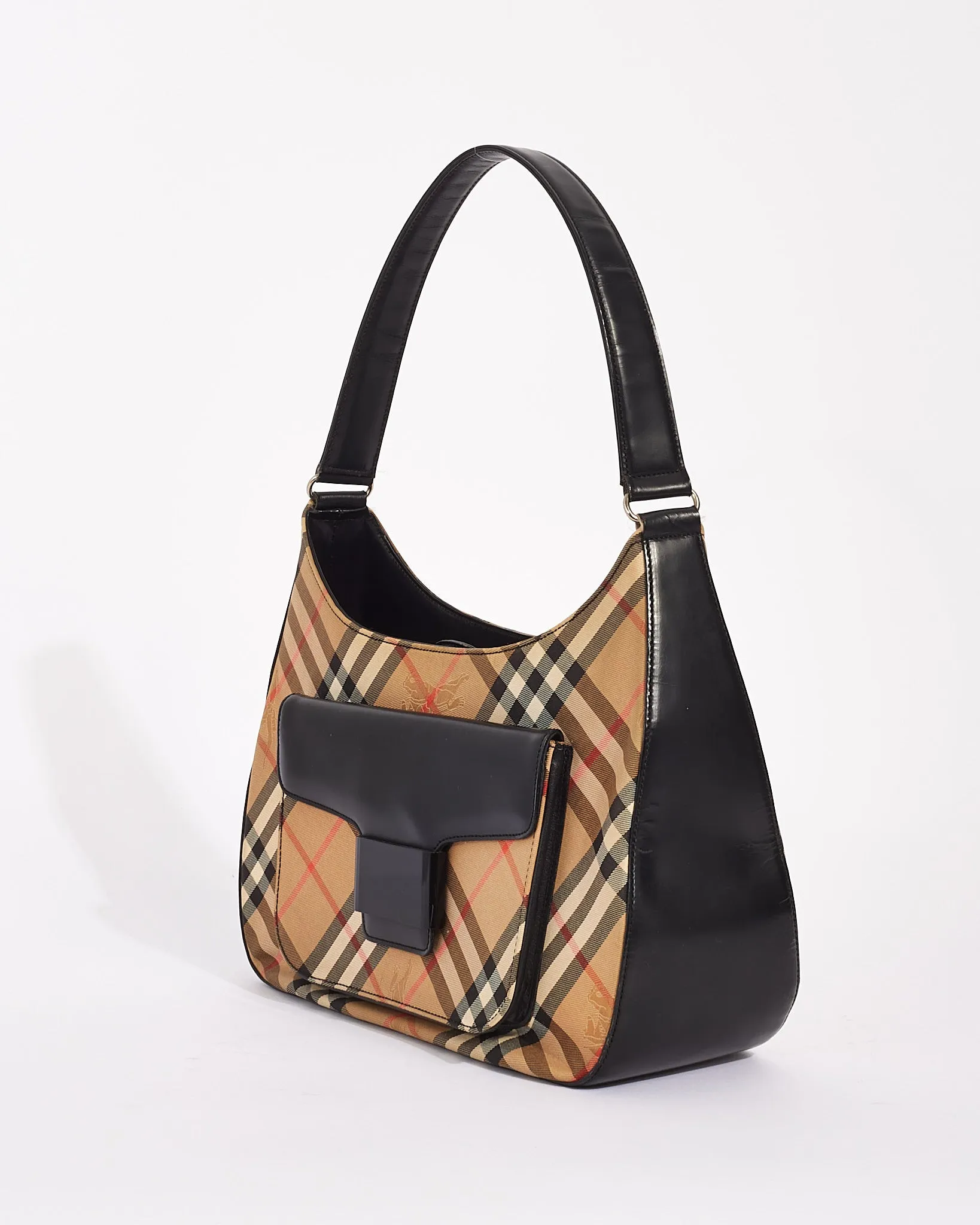 Burberry Vintage Black Leather & Beige Vintage Check Canvas Shoulder Bag