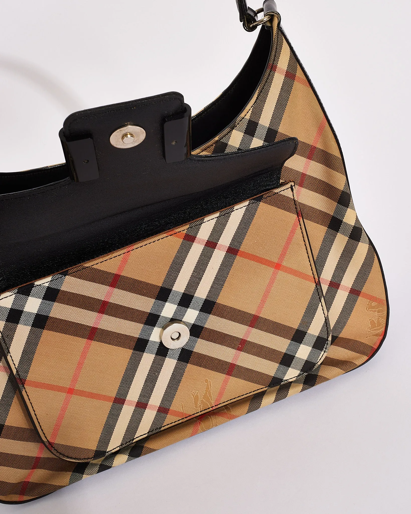 Burberry Vintage Black Leather & Beige Vintage Check Canvas Shoulder Bag