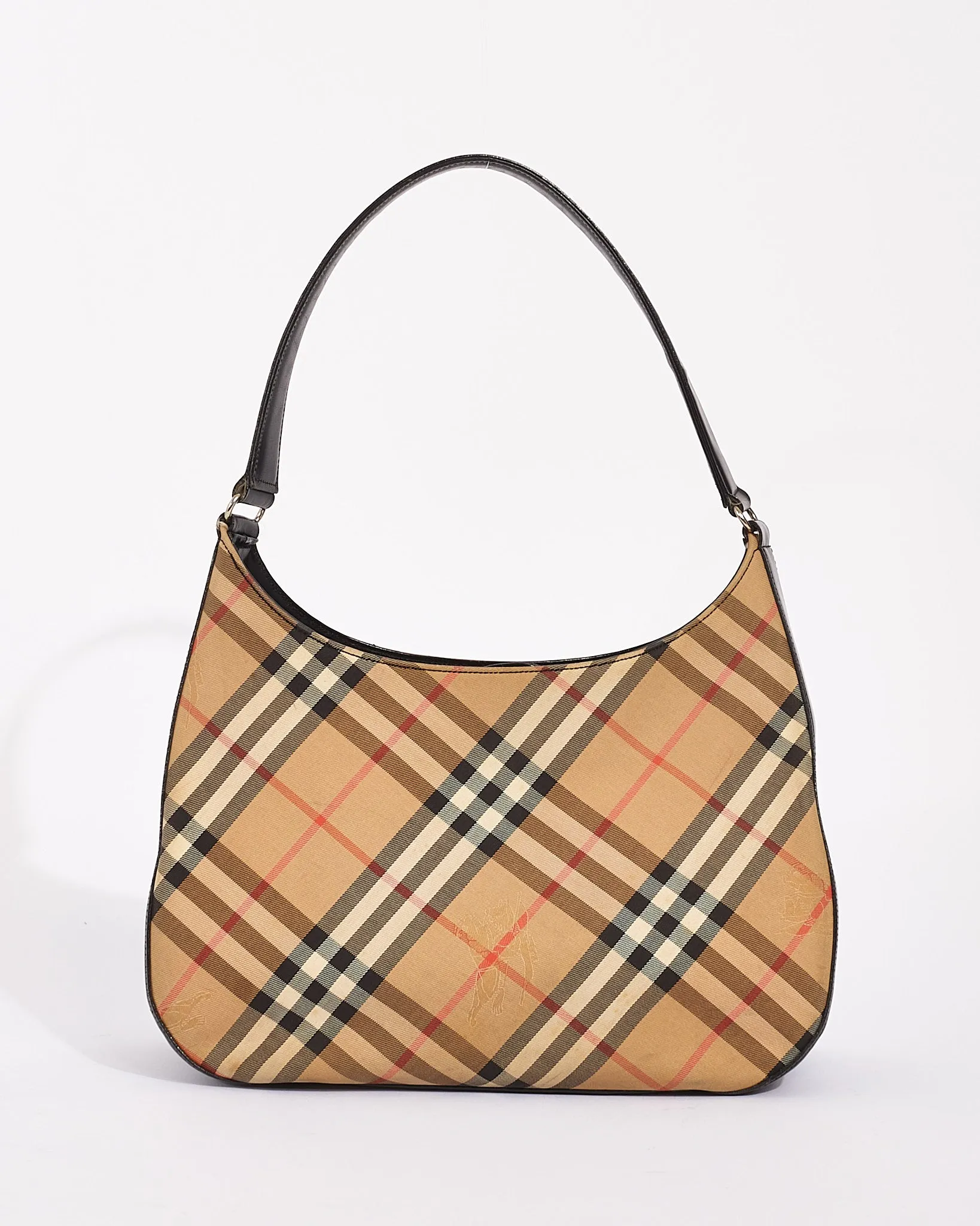 Burberry Vintage Black Leather & Beige Vintage Check Canvas Shoulder Bag