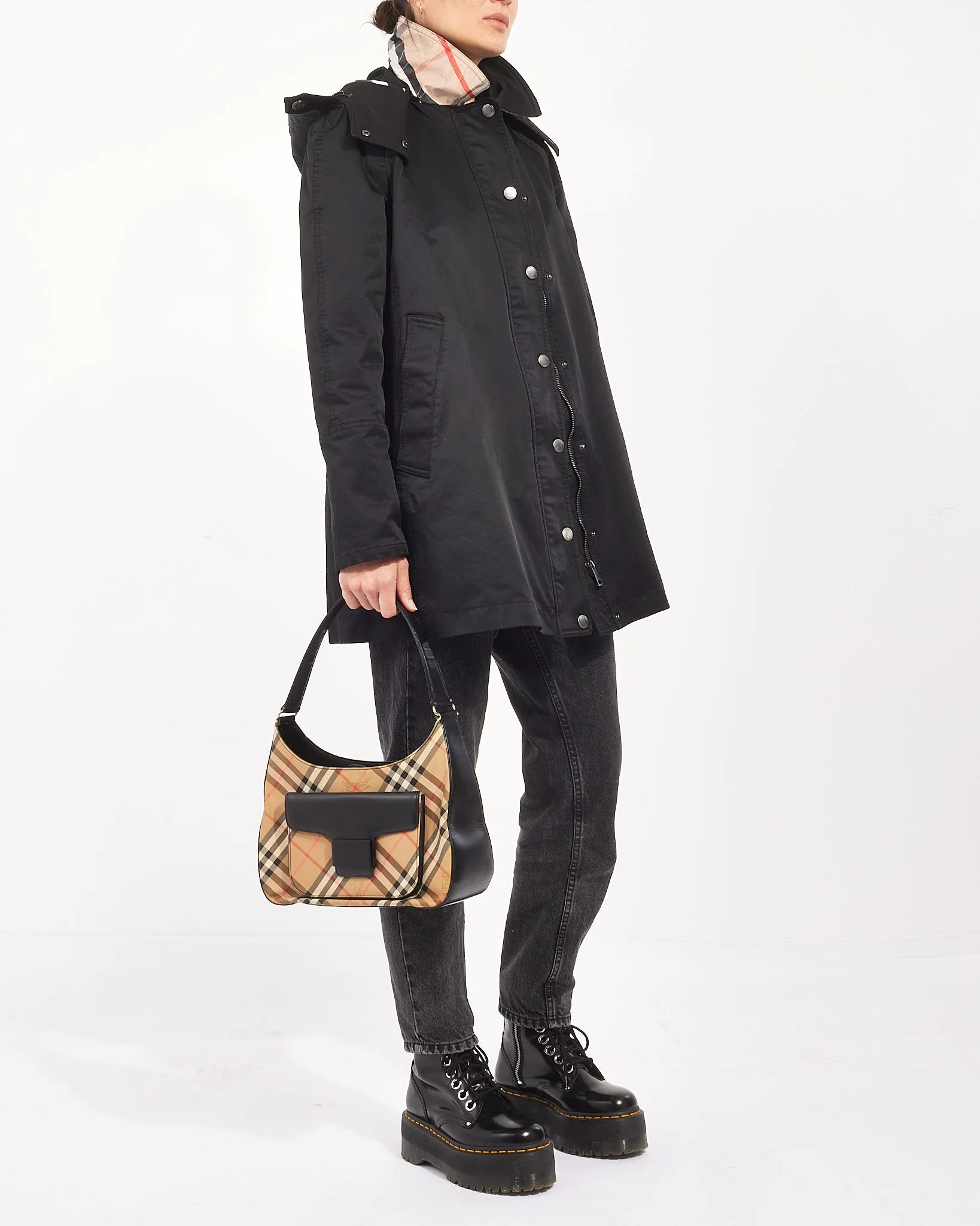Burberry Vintage Black Leather & Beige Vintage Check Canvas Shoulder Bag