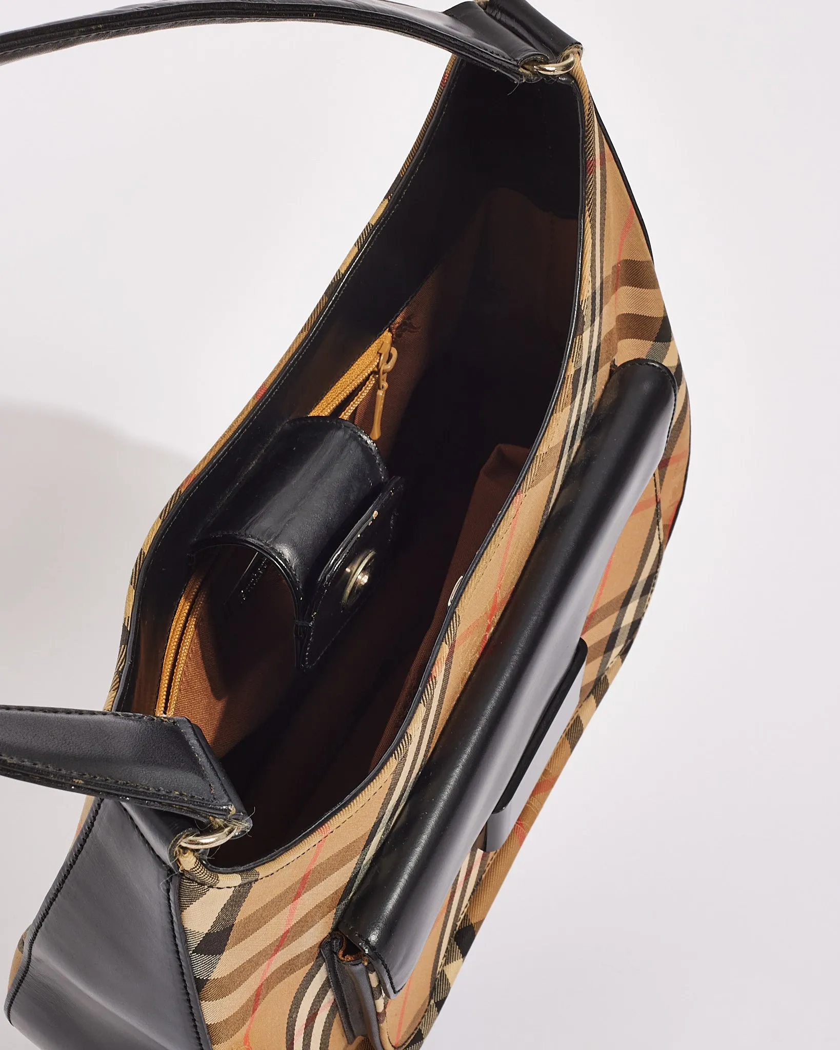 Burberry Vintage Black Leather & Beige Vintage Check Canvas Shoulder Bag