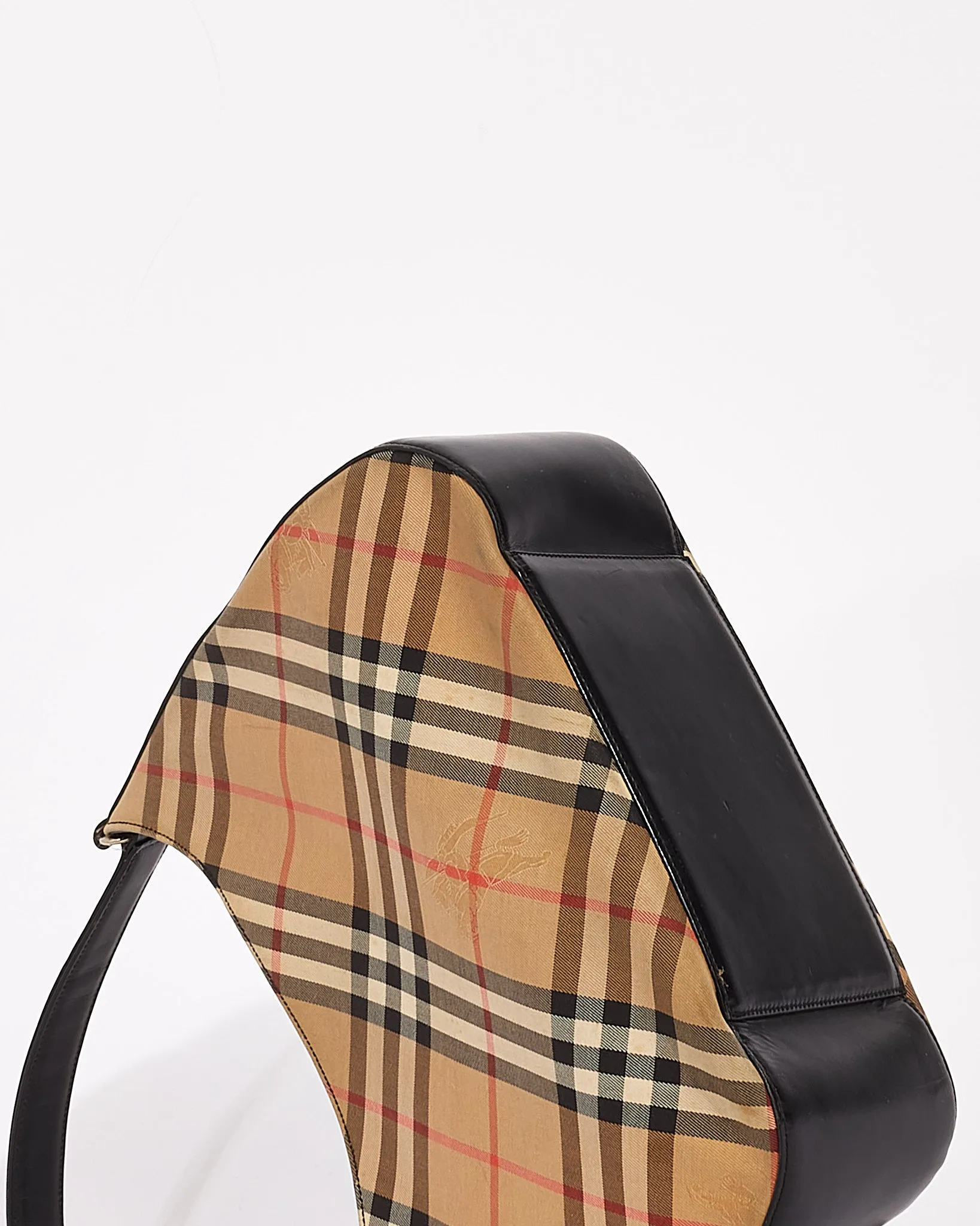 Burberry Vintage Black Leather & Beige Vintage Check Canvas Shoulder Bag
