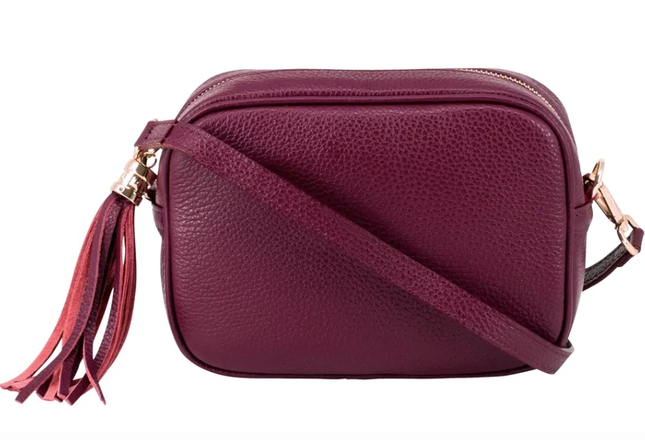 Burgundy Leather Tassel Cross Body Bag