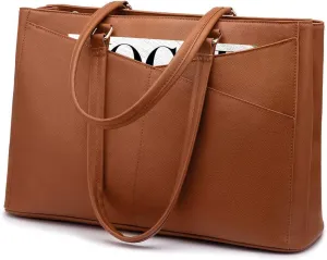 Business Laptop Tote Bag for Women, 15.6 Inch Waterproof Leather Work Bag - Brown