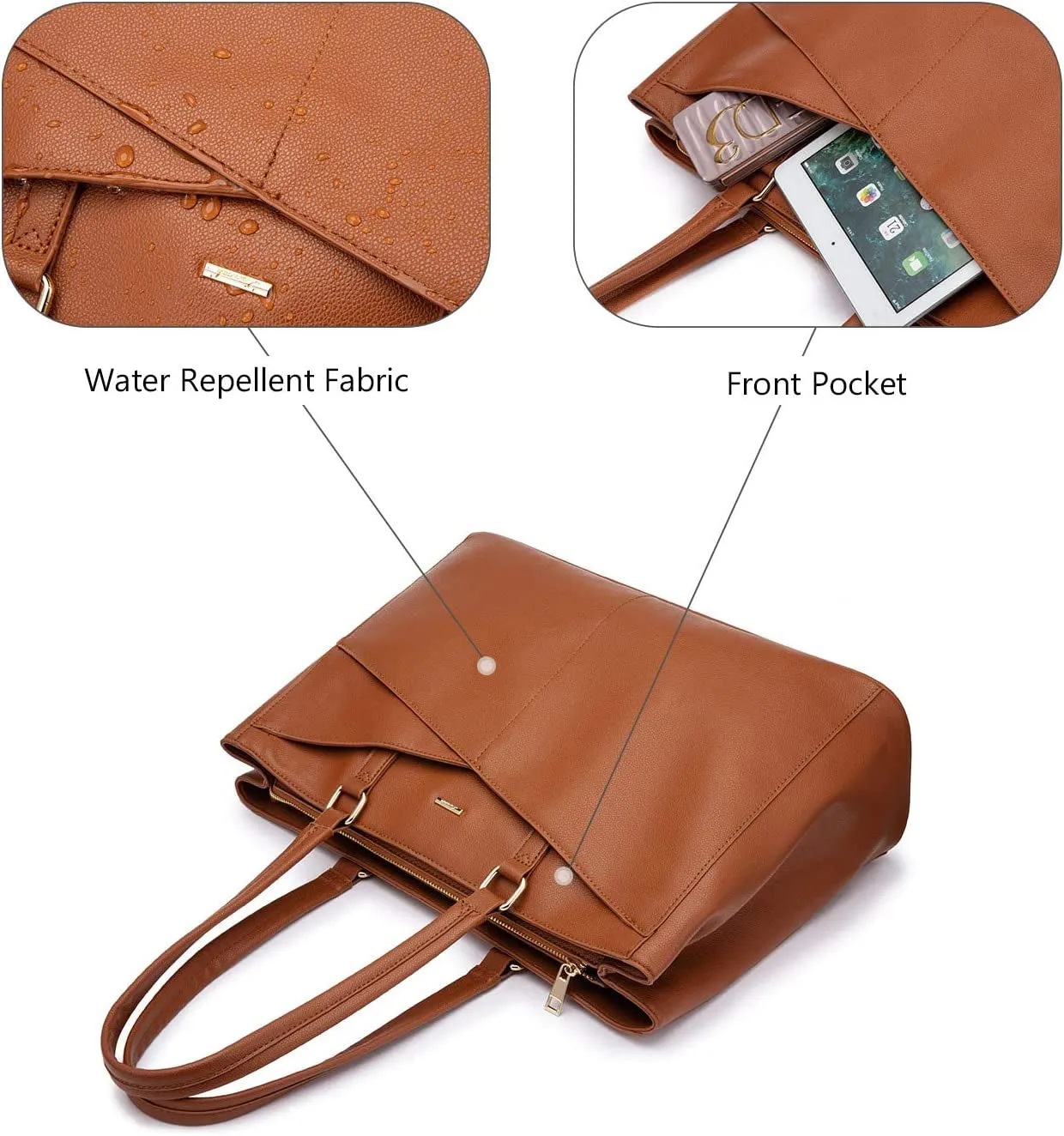 Business Laptop Tote Bag for Women, 15.6 Inch Waterproof Leather Work Bag - Brown