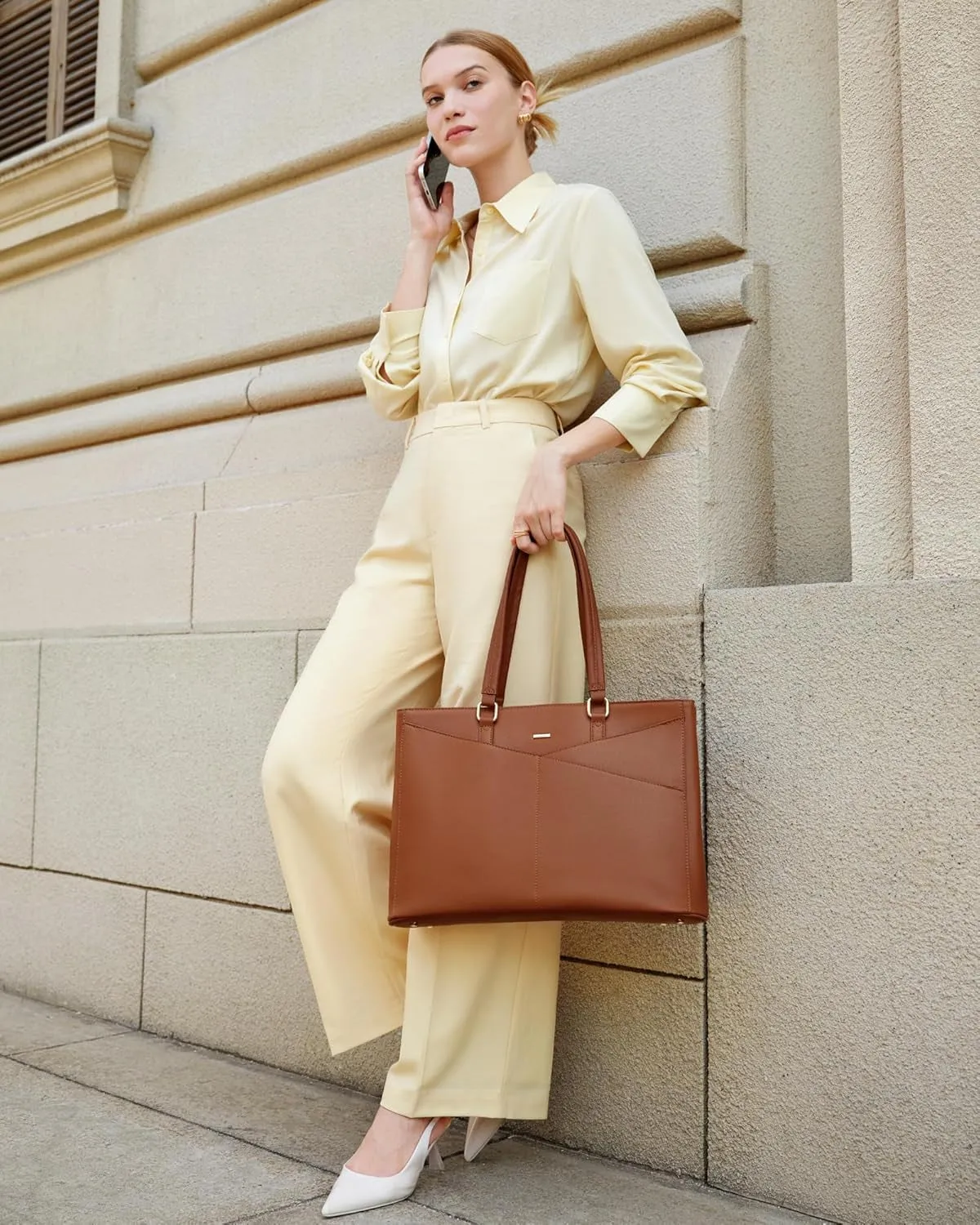 Business Laptop Tote Bag for Women, 15.6 Inch Waterproof Leather Work Bag - Brown