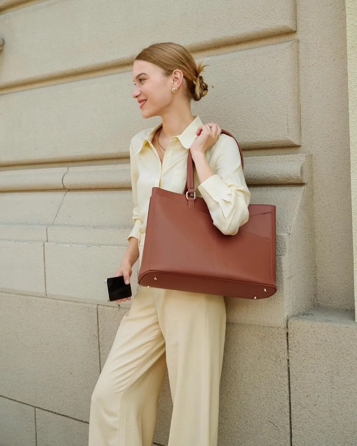 Business Laptop Tote Bag for Women, 15.6 Inch Waterproof Leather Work Bag - Brown