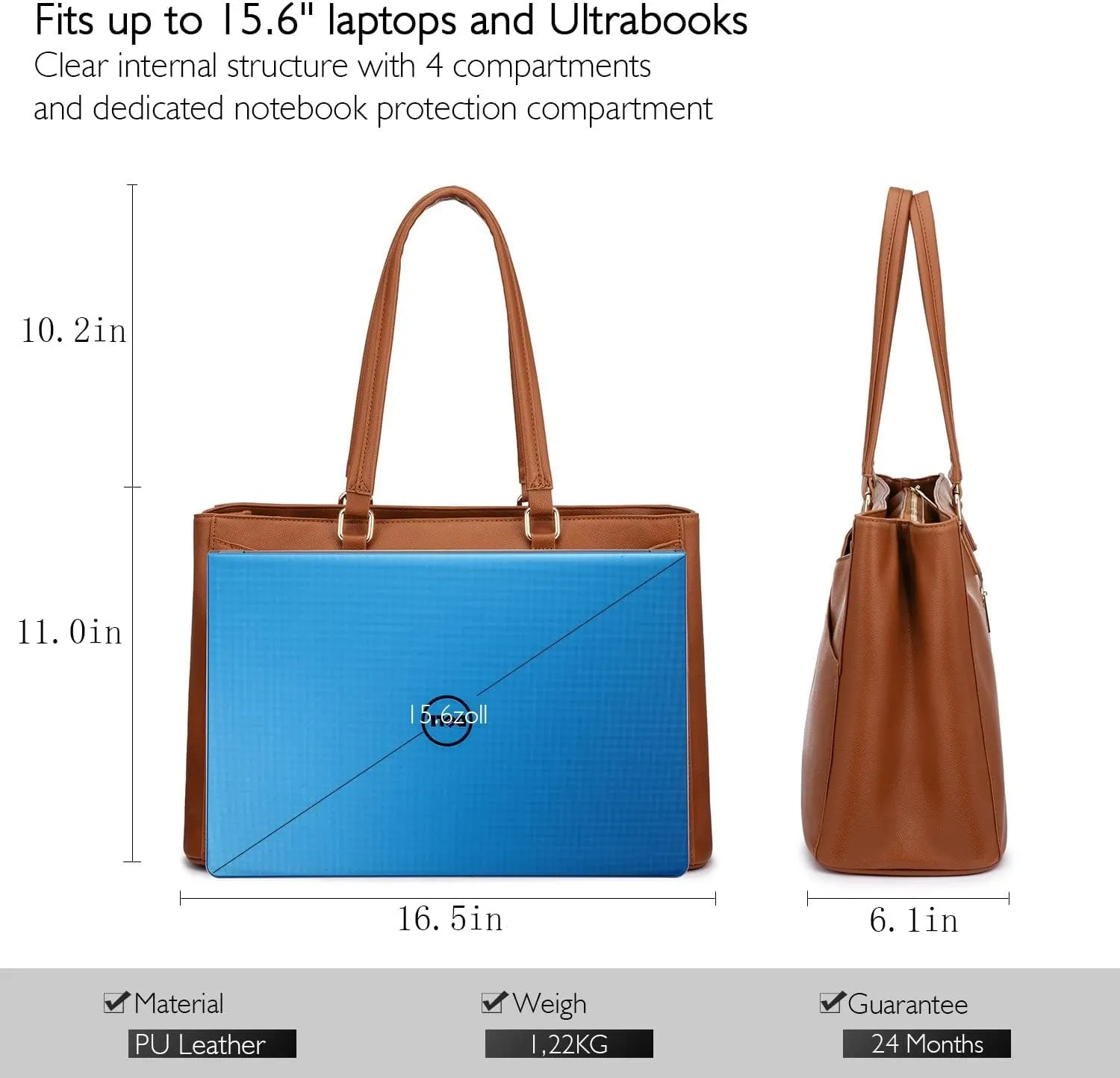 Business Laptop Tote Bag for Women, 15.6 Inch Waterproof Leather Work Bag - Brown