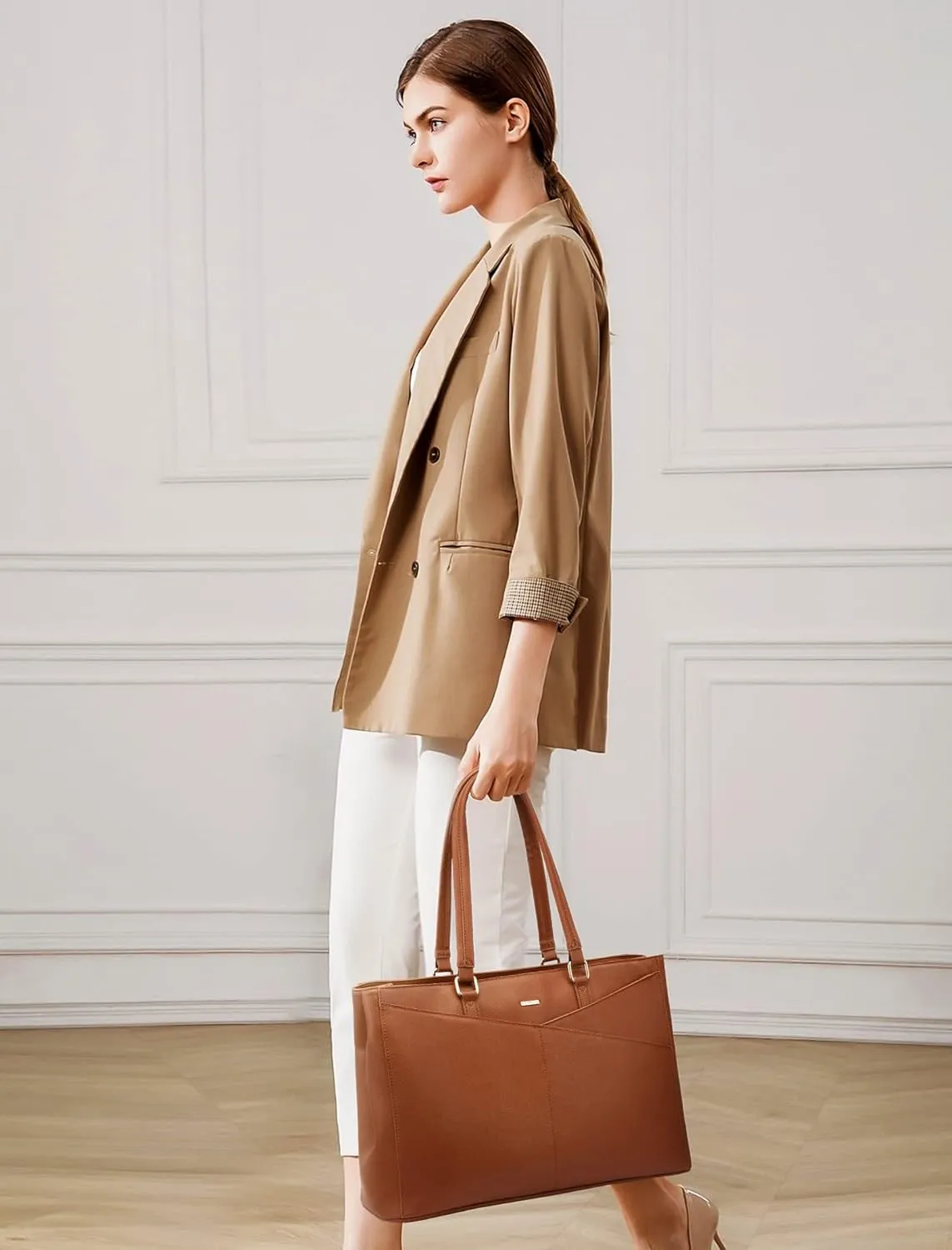 Business Laptop Tote Bag for Women, 15.6 Inch Waterproof Leather Work Bag - Brown