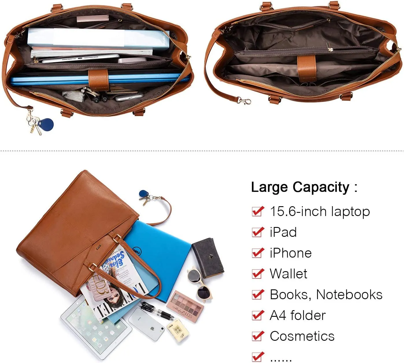 Business Laptop Tote Bag for Women, 15.6 Inch Waterproof Leather Work Bag - Brown