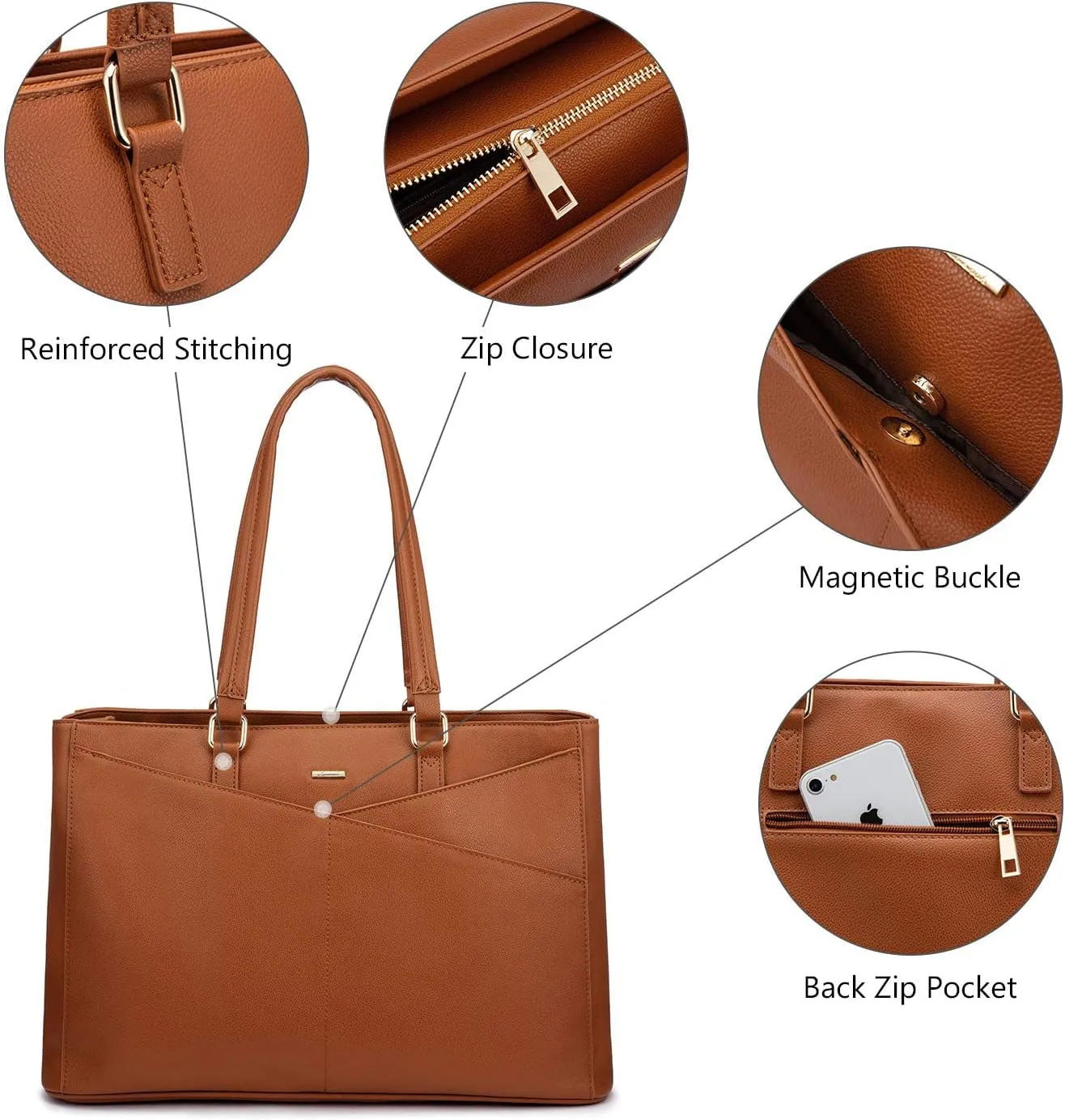 Business Laptop Tote Bag for Women, 15.6 Inch Waterproof Leather Work Bag - Brown