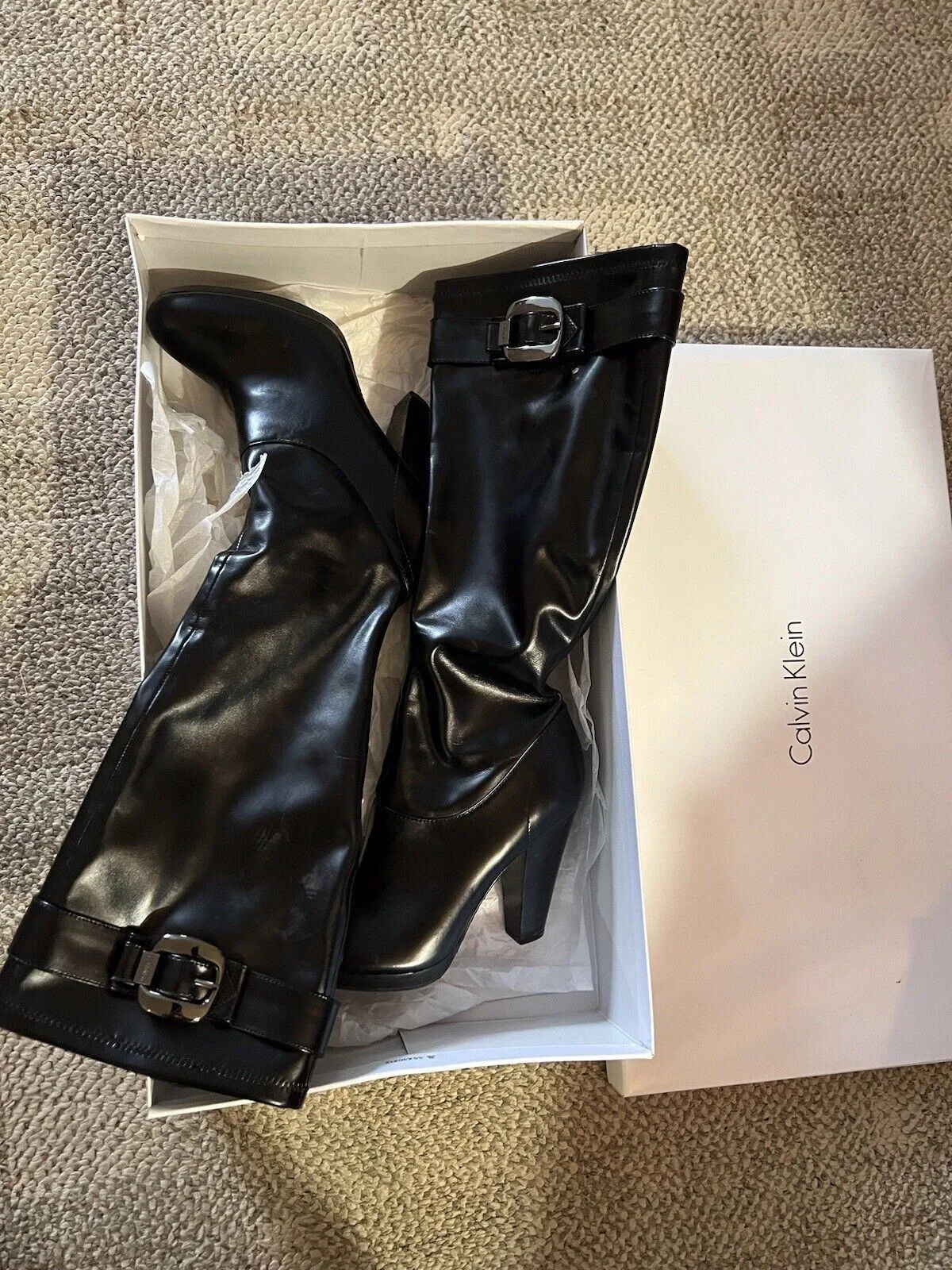 ￼Calvin Klein Sz 9 Mattie stretch black leather knee-high boot style E7747