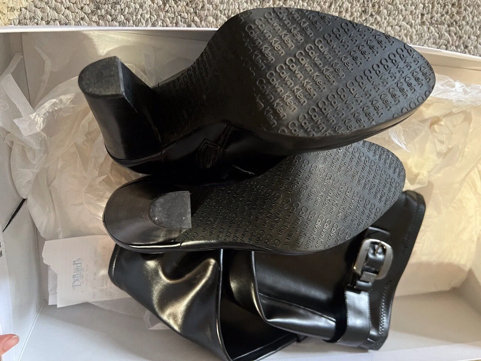 ￼Calvin Klein Sz 9 Mattie stretch black leather knee-high boot style E7747