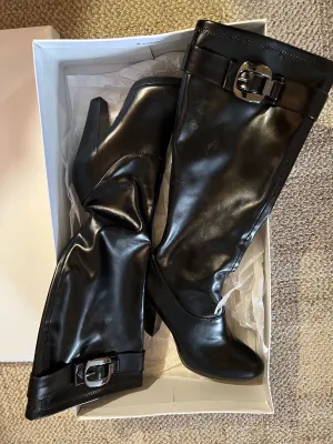 ￼Calvin Klein Sz 9 Mattie stretch black leather knee-high boot style E7747