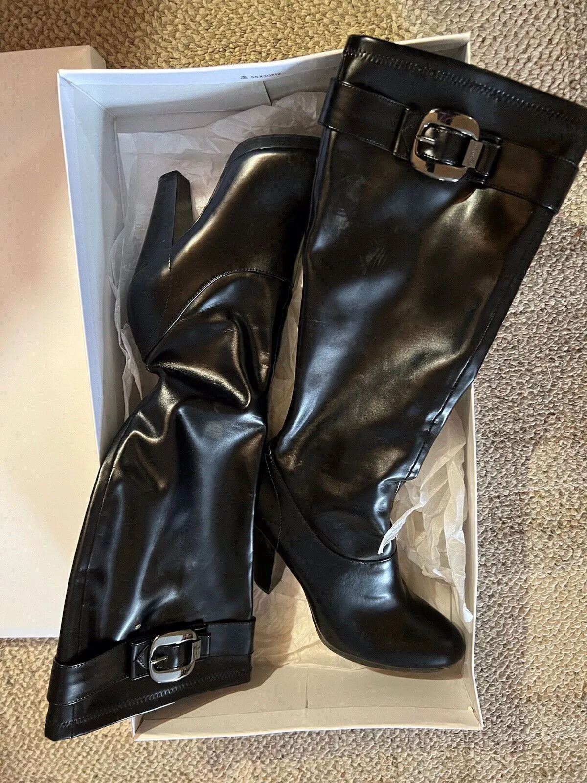 ￼Calvin Klein Sz 9 Mattie stretch black leather knee-high boot style E7747