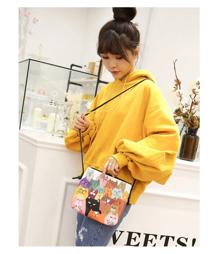 Cat Pattern Print Mini Leather Handbag Purse