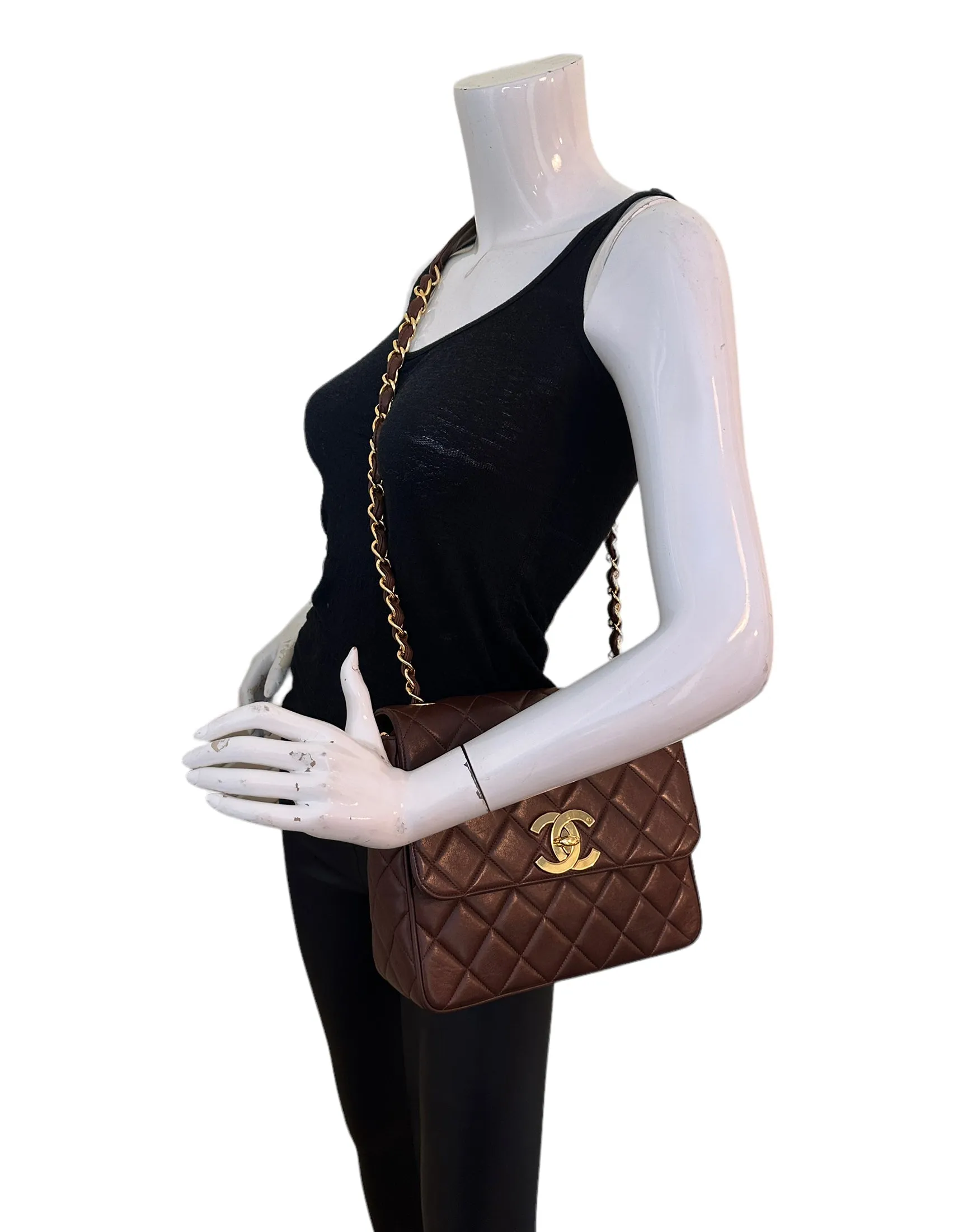 Chanel 1990s Brown Lambskin Leather CC Maxi Flap Messenger Bag