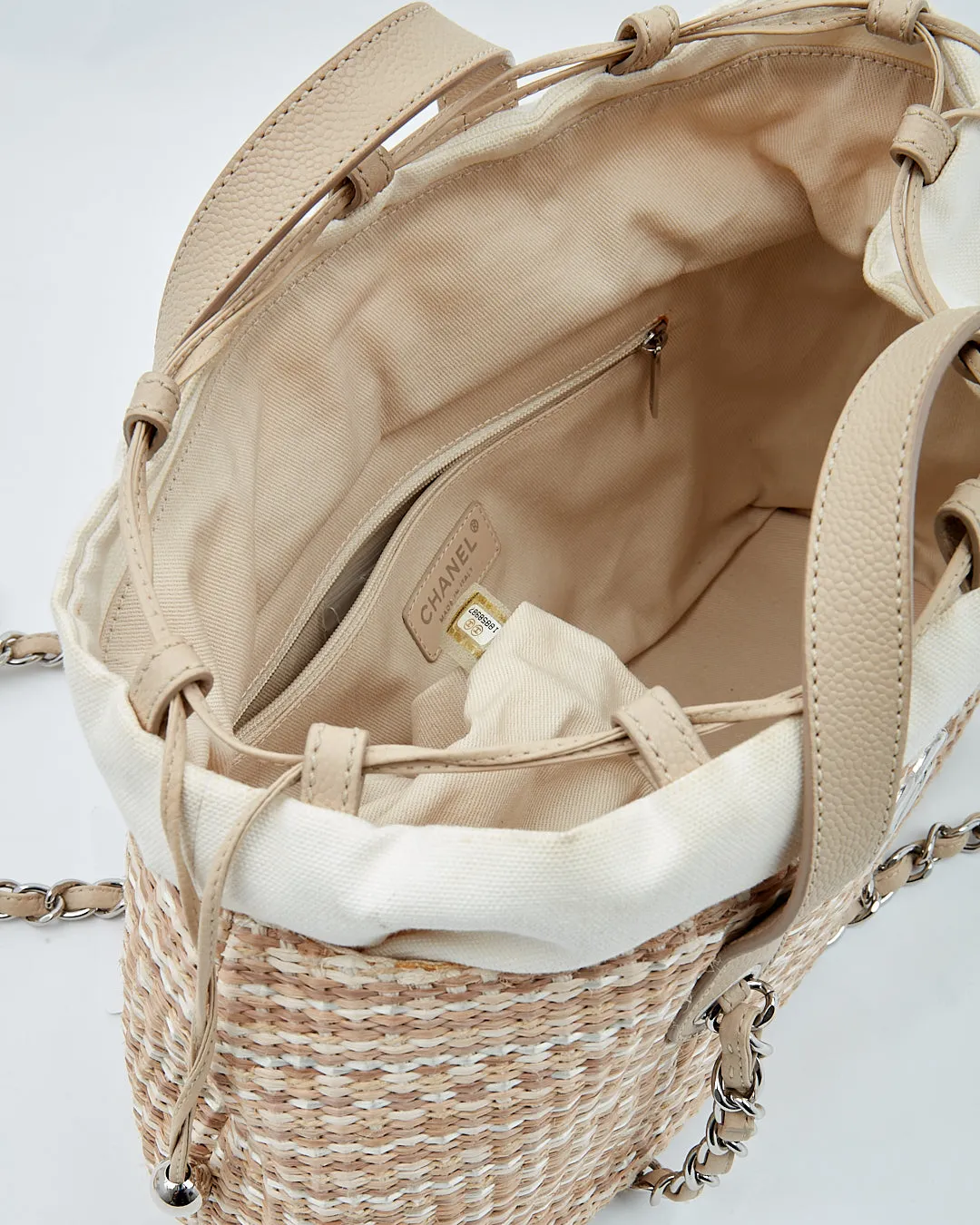 Chanel Beige Tweed & Raffia Top Handle Chain Shoulder Drawstring Bag