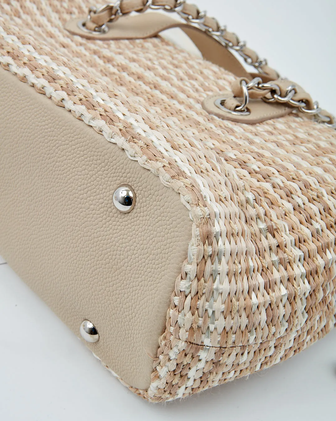 Chanel Beige Tweed & Raffia Top Handle Chain Shoulder Drawstring Bag