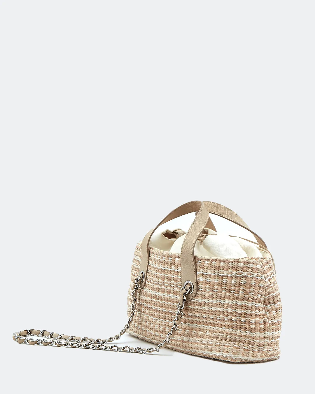 Chanel Beige Tweed & Raffia Top Handle Chain Shoulder Drawstring Bag