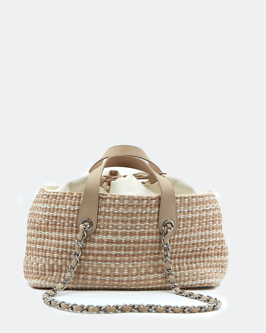 Chanel Beige Tweed & Raffia Top Handle Chain Shoulder Drawstring Bag