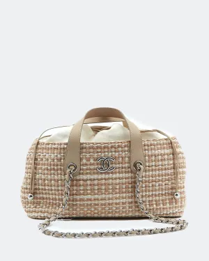 Chanel Beige Tweed & Raffia Top Handle Chain Shoulder Drawstring Bag