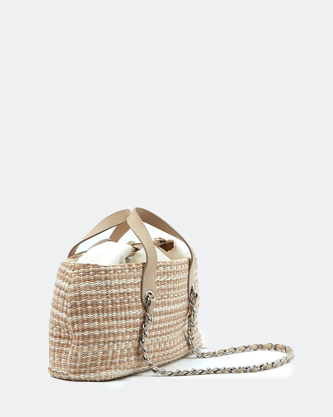 Chanel Beige Tweed & Raffia Top Handle Chain Shoulder Drawstring Bag