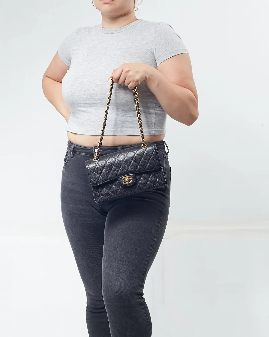 Chanel Black Caviar Quilted 24K Gold Plated Small Classic Double Flap Bag